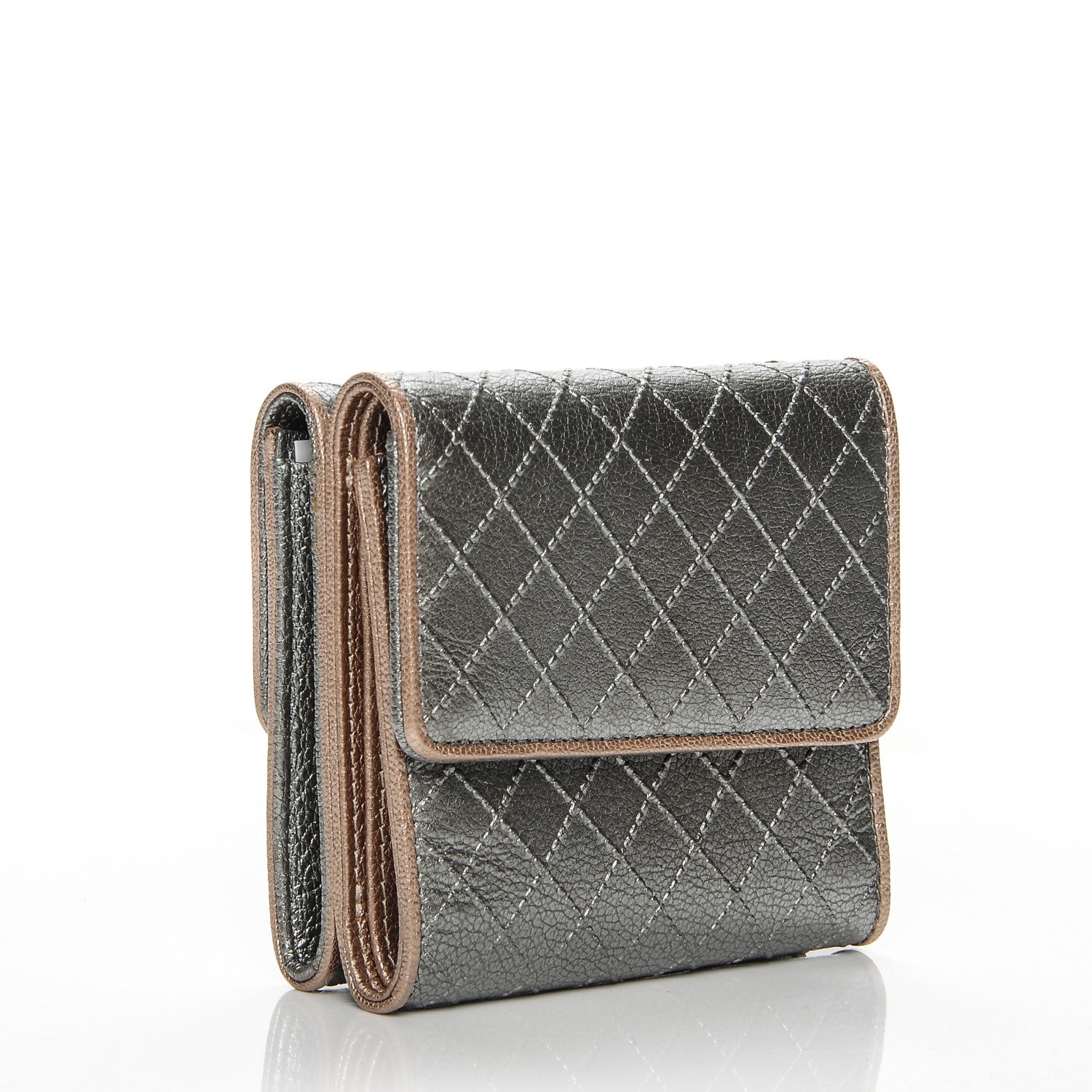 Chanel Metallic Calfskin Diamond Stitched Card Holder Wallet Silver Gold 3 of 8