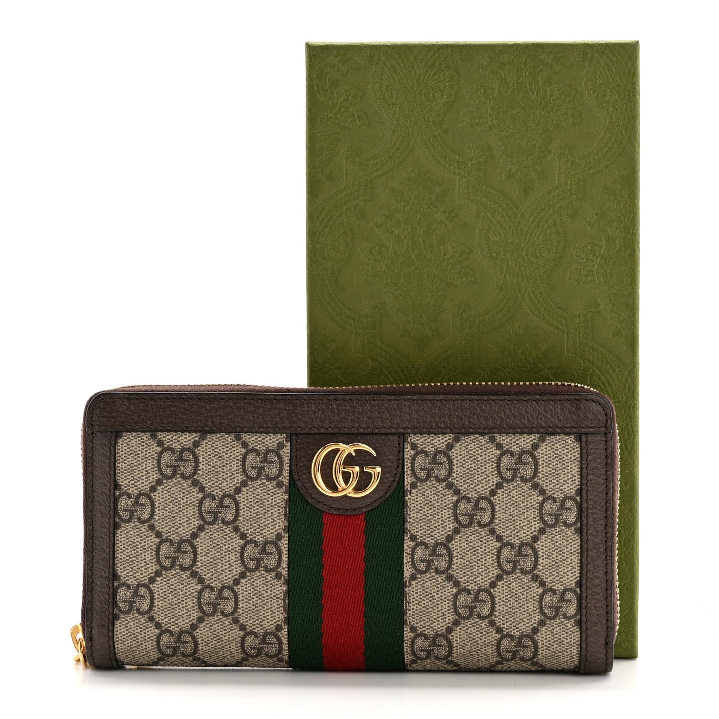 GG Supreme Monogram Web Ophidia Zip Around Wallet Brown