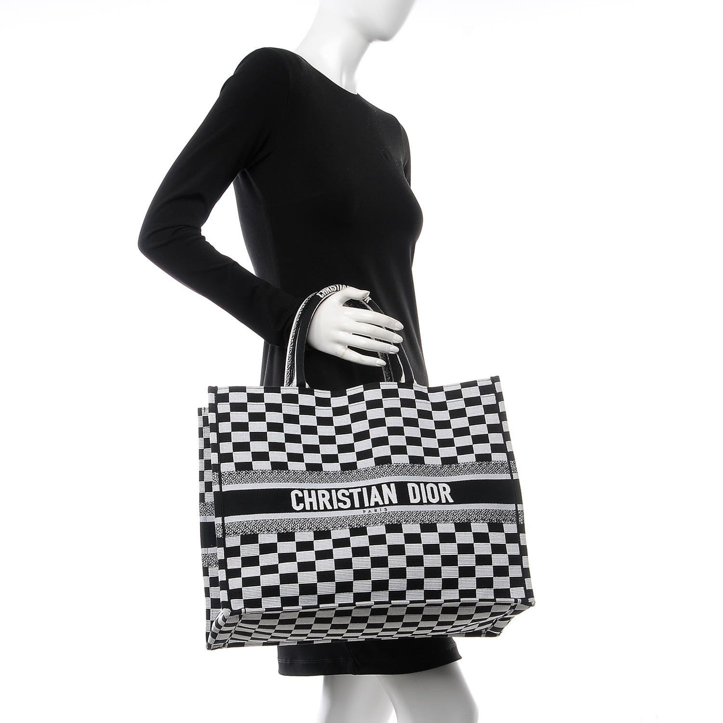 Canvas Embroidered Checkered Book Tote Black White