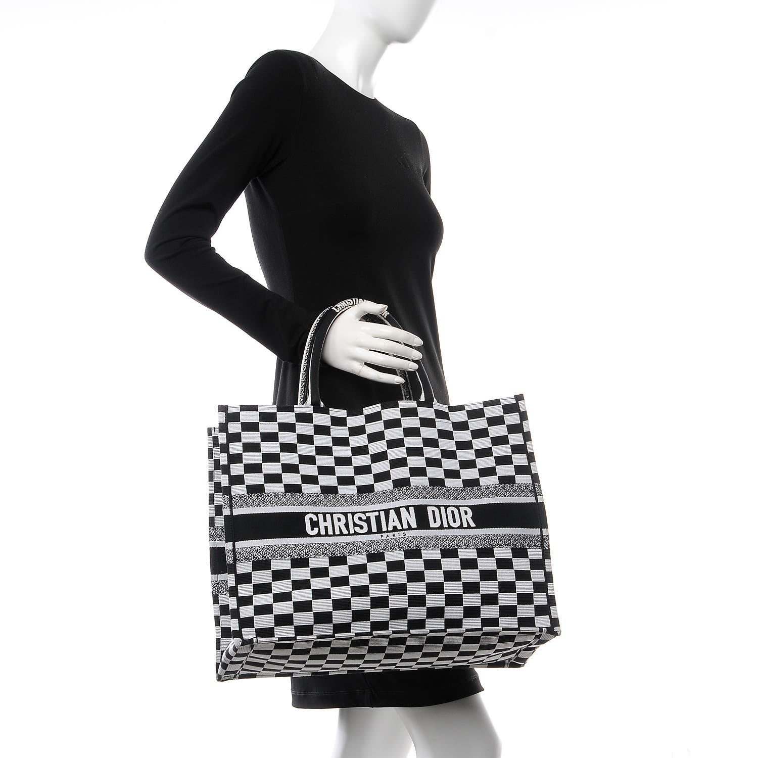 Christian Dior Canvas Embroidered Checkered Book Tote Black White 2 of 10