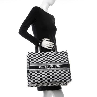 Christian Dior Canvas Embroidered Checkered Book Tote Black White 2 of 10