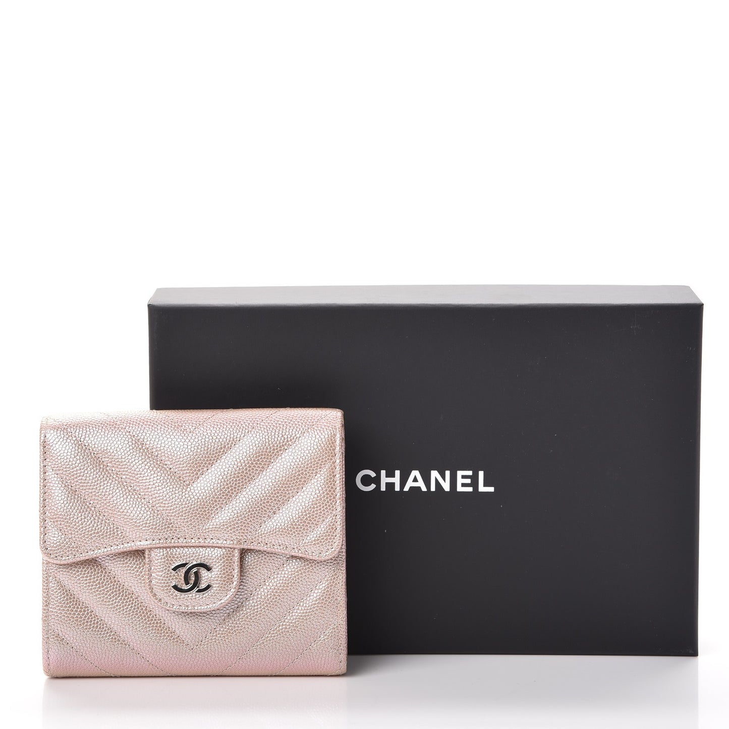 Metallic Caviar Chevron Quilted Compact Flap Wallet Light Gold