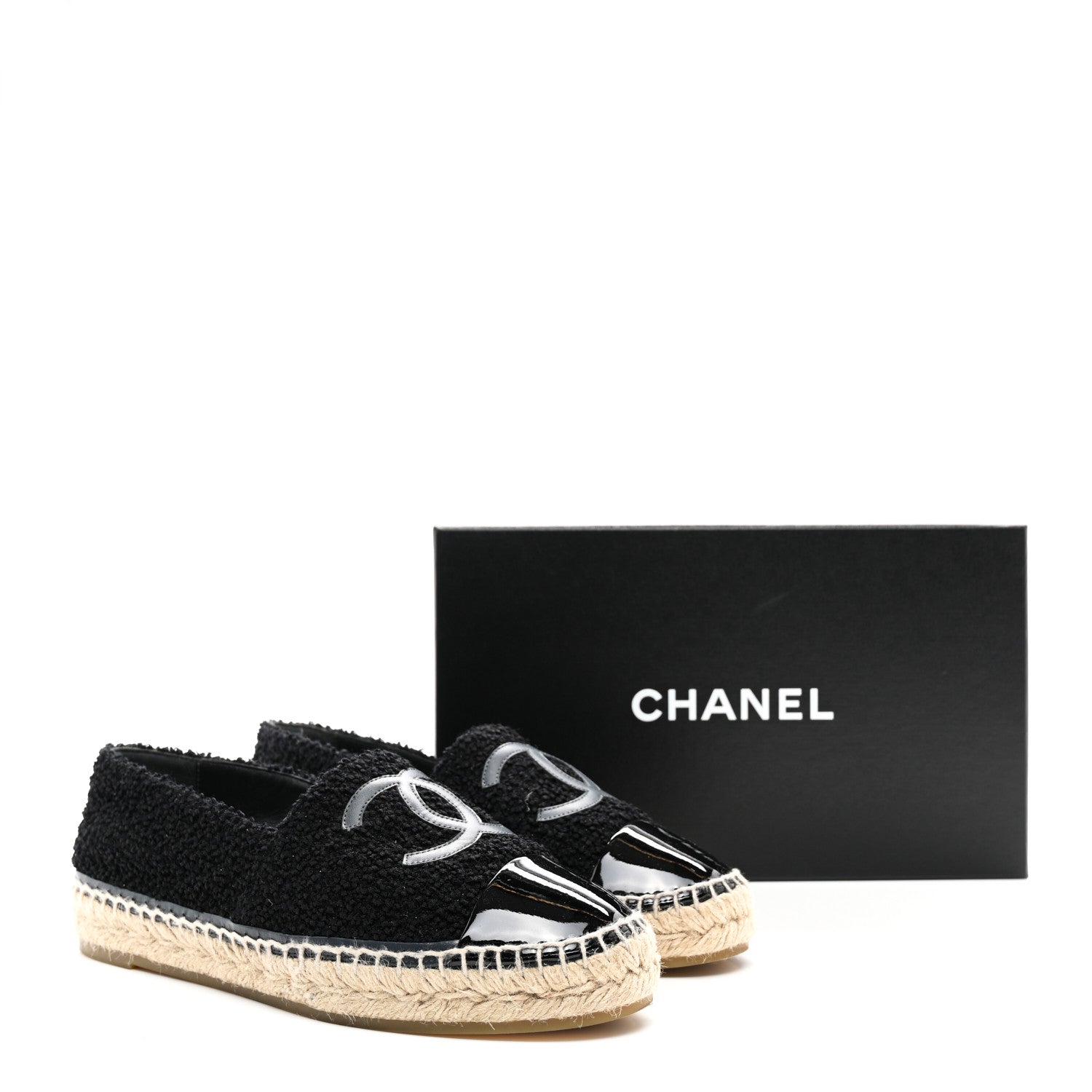 Chanel Tweed Lambskin Patent Calfskin CC Espadrilles 40 Black Navy Blue 10 of 10