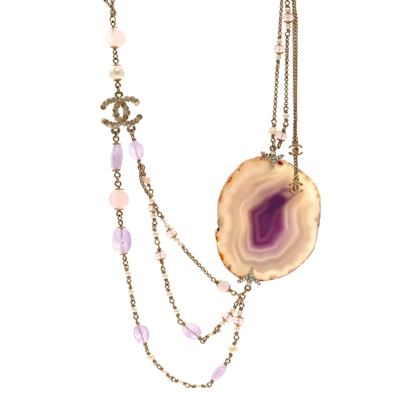 Beaded Quartz Amethyst Crystal CC Chain Necklace Gold Purple