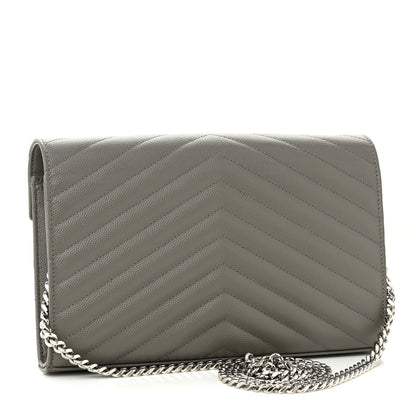 Saint Laurent Grain De Poudre Matelasse Chevron Monogram Chain Wallet Asphalt 3 of 9