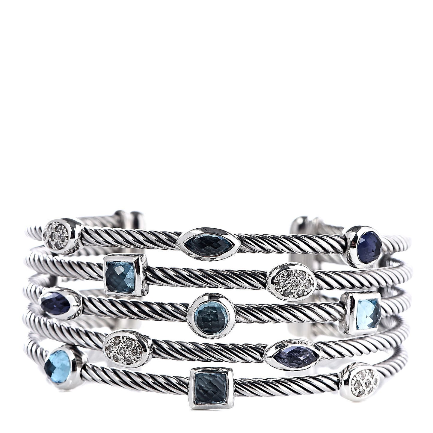 Sterling Silver Diamond Blue Topaz Iolite Confetti Five Row Bracelet