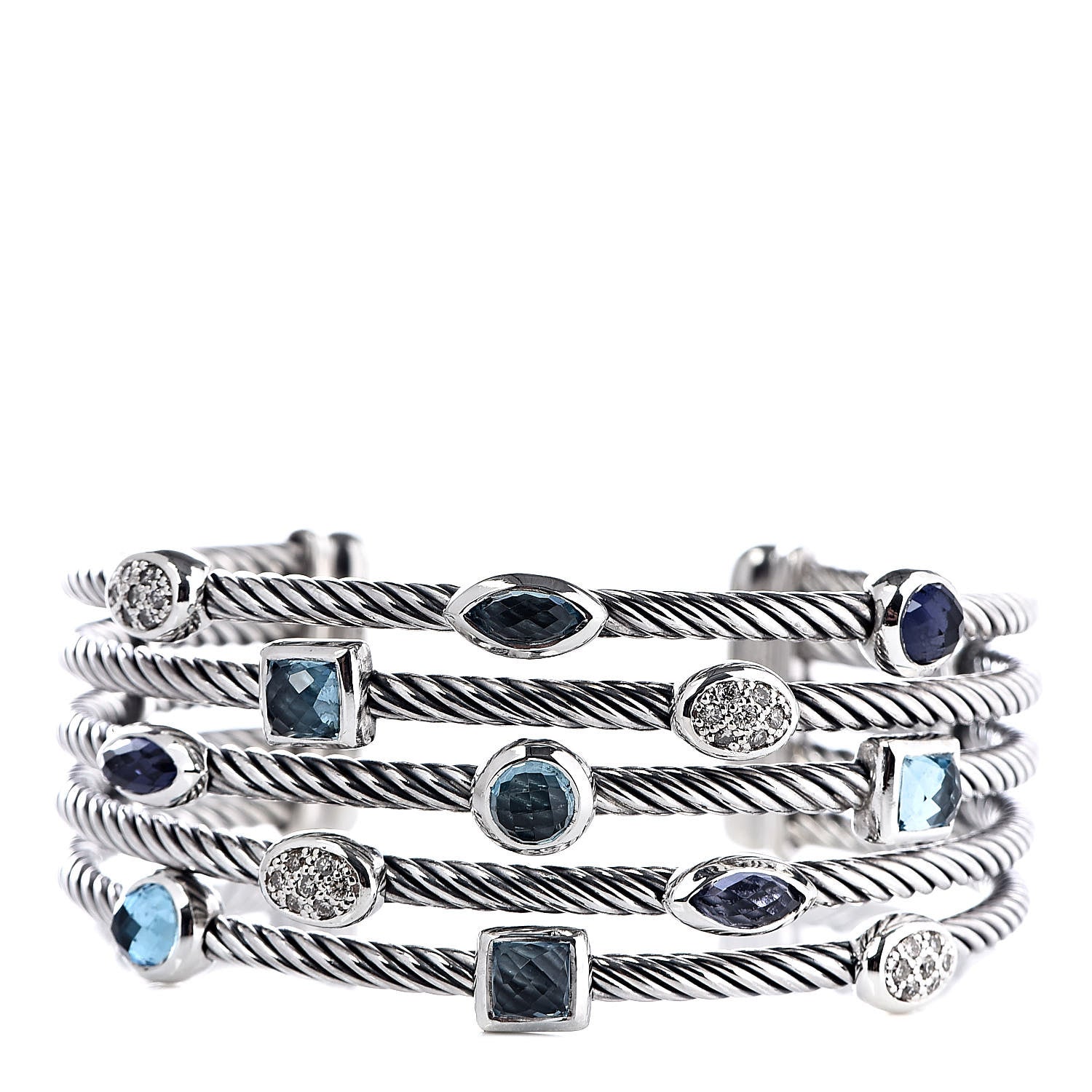 David Yurman Sterling Silver Diamond Blue Topaz Iolite Confetti Five Row Bracelet 1 of 4