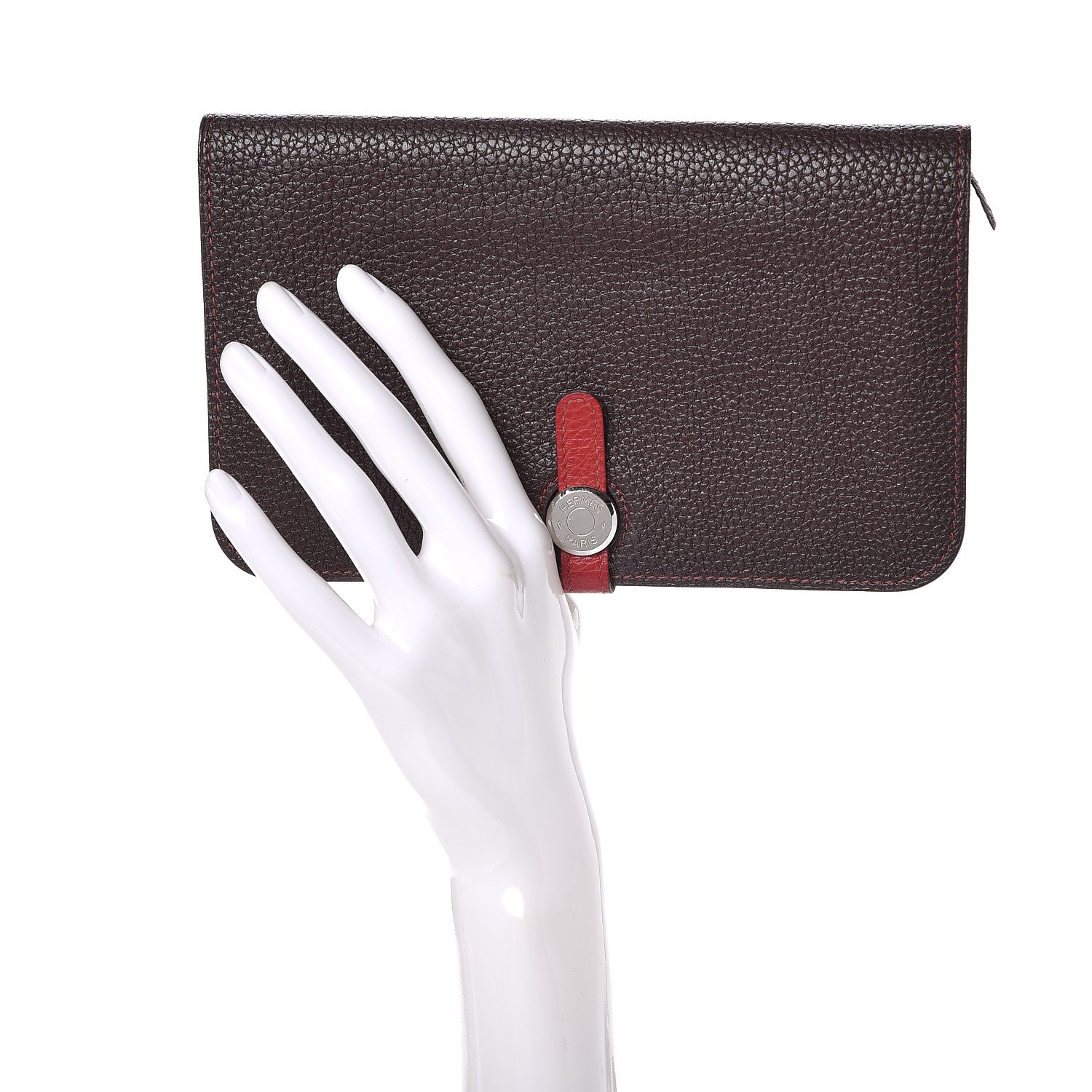 Hermes Togo Dogon Duo Wallet Chocolate Rouge Garance 2 of 14