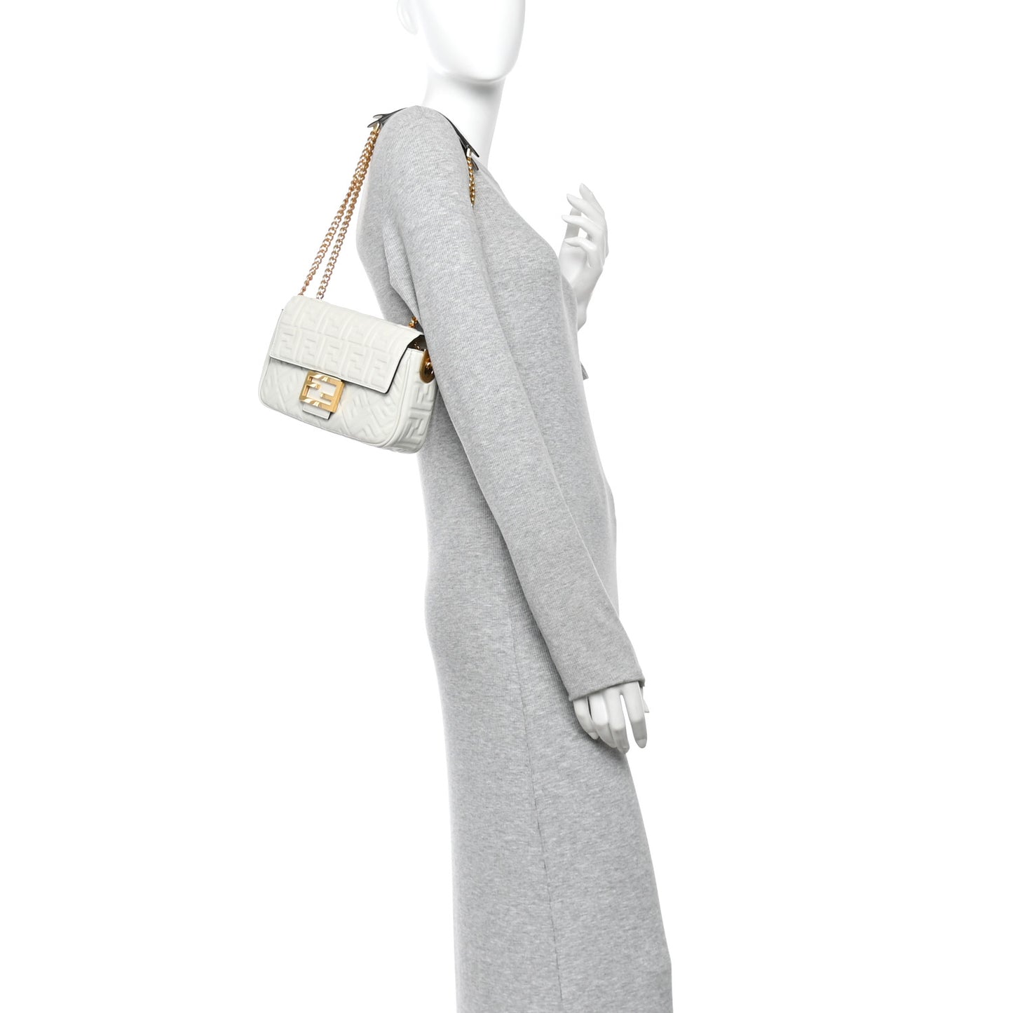 Nappa Small FF Embossed Midi Chain Baguette White