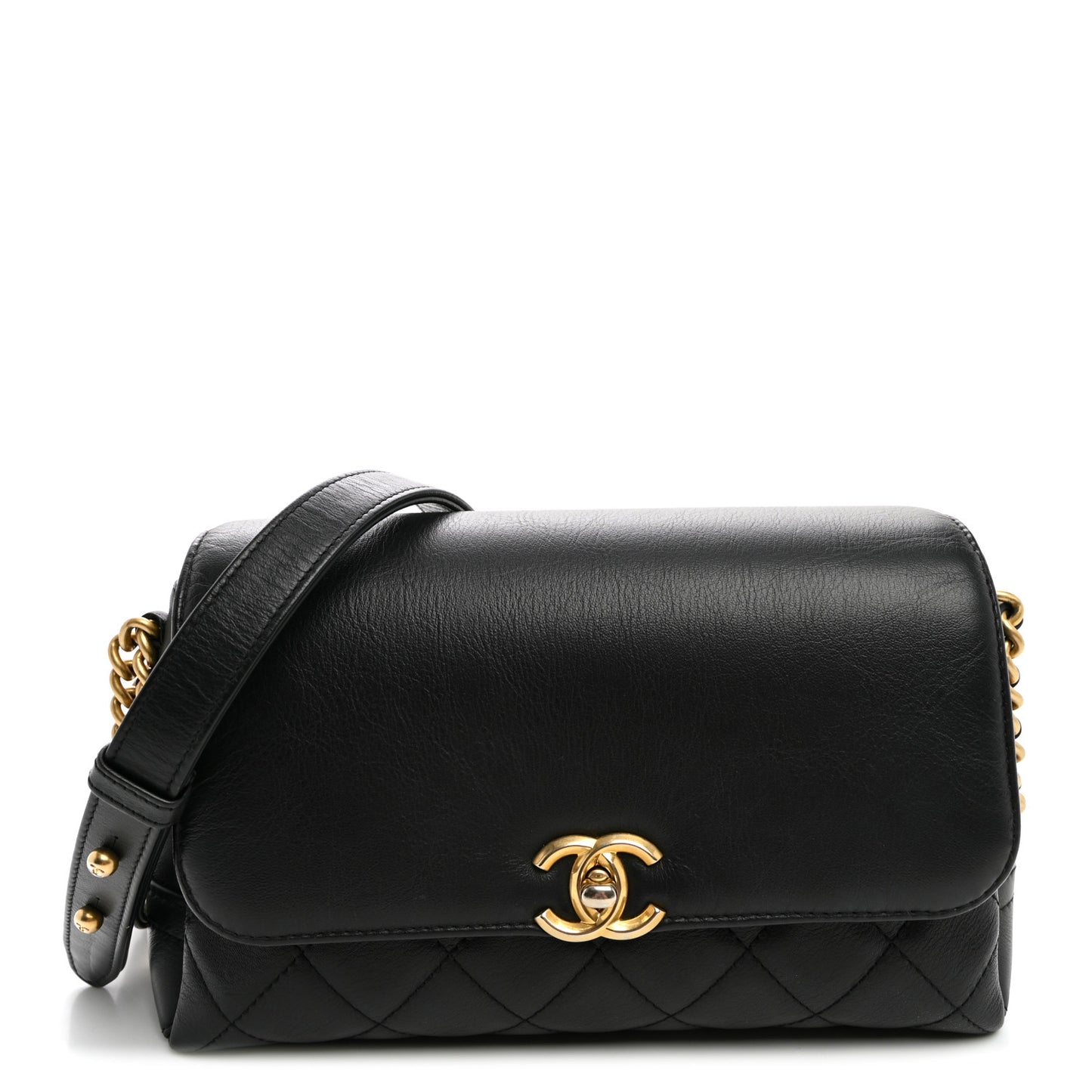Calfskin Quilted Side Chain Compartment Flap Black