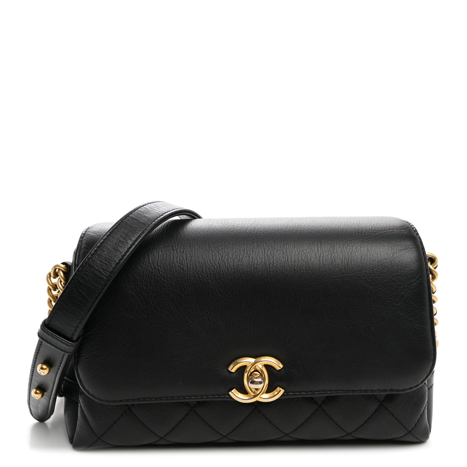 Chanel Calfskin Quilted Side Chain Compartment Flap Black 1 of 10