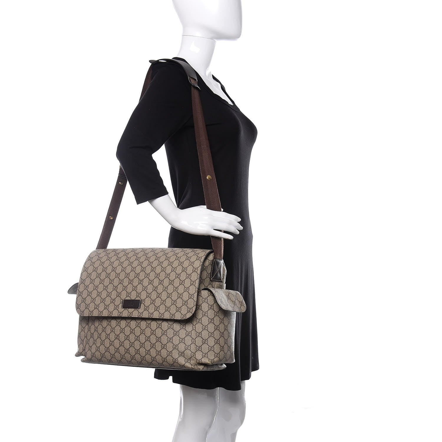 Gucci GG Supreme Monogram Selleria Calfskin Messenger Diaper Bag Beige Ebony Cocoa Dark Chocolate 2 of 13
