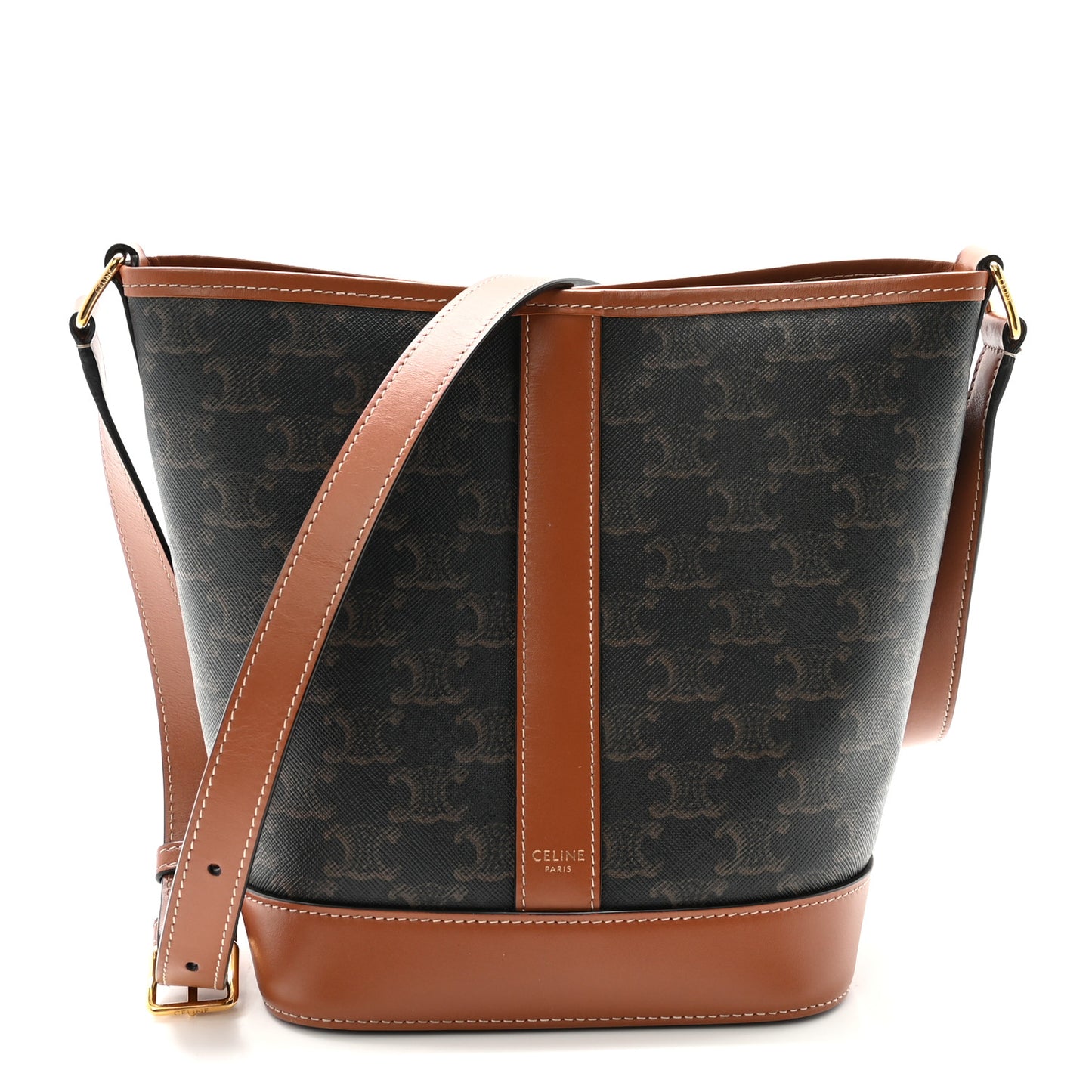 Triomphe Canvas Calfskin Small Bucket Bag Tan