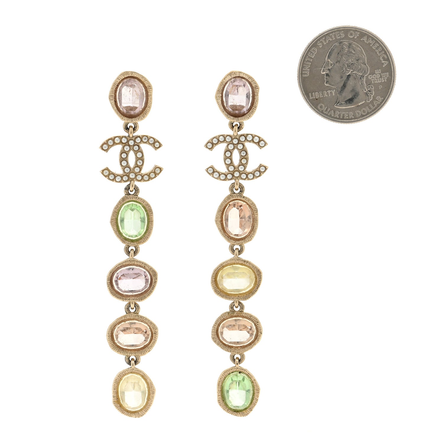 Chanel Metal Glass Crystal Strass Pearl CC Drop Earrings Gold Multicolor Pearly White 2 of 4