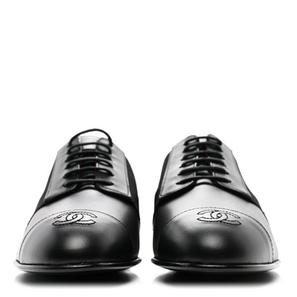 Chanel Calfskin Elastic Lace Up Cap Toe CC Loafers 38 Black 2 of 8