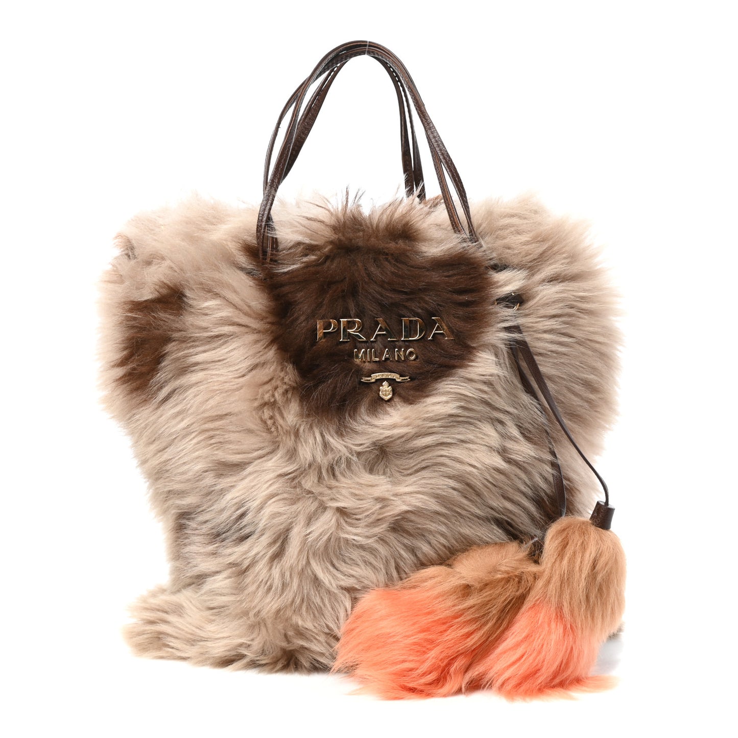 Montone Shearling Fox Fur Saffiano Shoulder Bag Brown