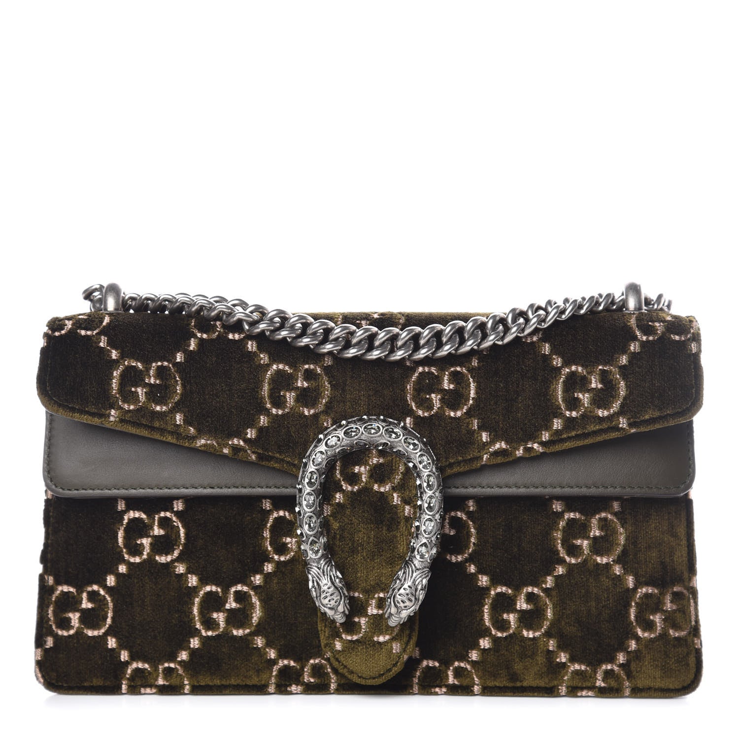 Gucci Velvet Moon Calfskin Crystal GG Monogram Small Dionysus Shoulder Bag Dark Olive Rose Gold 1 of 12