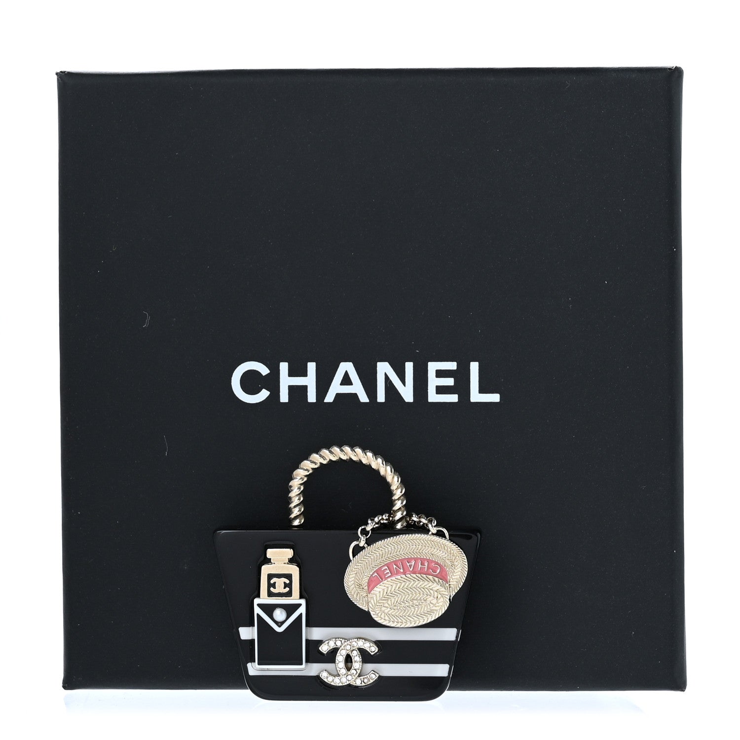 Chanel Resin Crystal Pearl Bag Hat Brooch Gold Black White 5 of 5