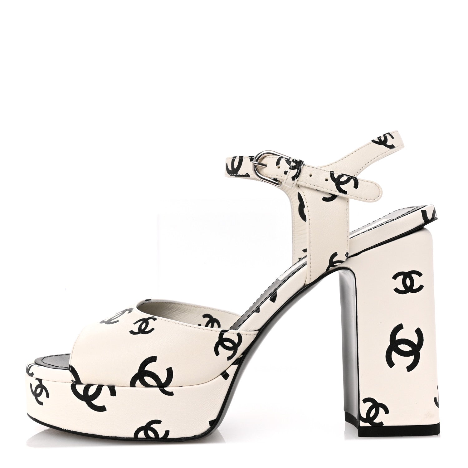 Chanel Printed Lambskin CC Platform Sandals 37 White Black 1 of 12