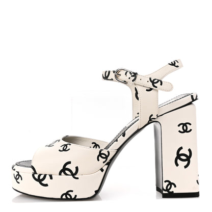 Chanel Printed Lambskin CC Platform Sandals 37 White Black 1 of 12