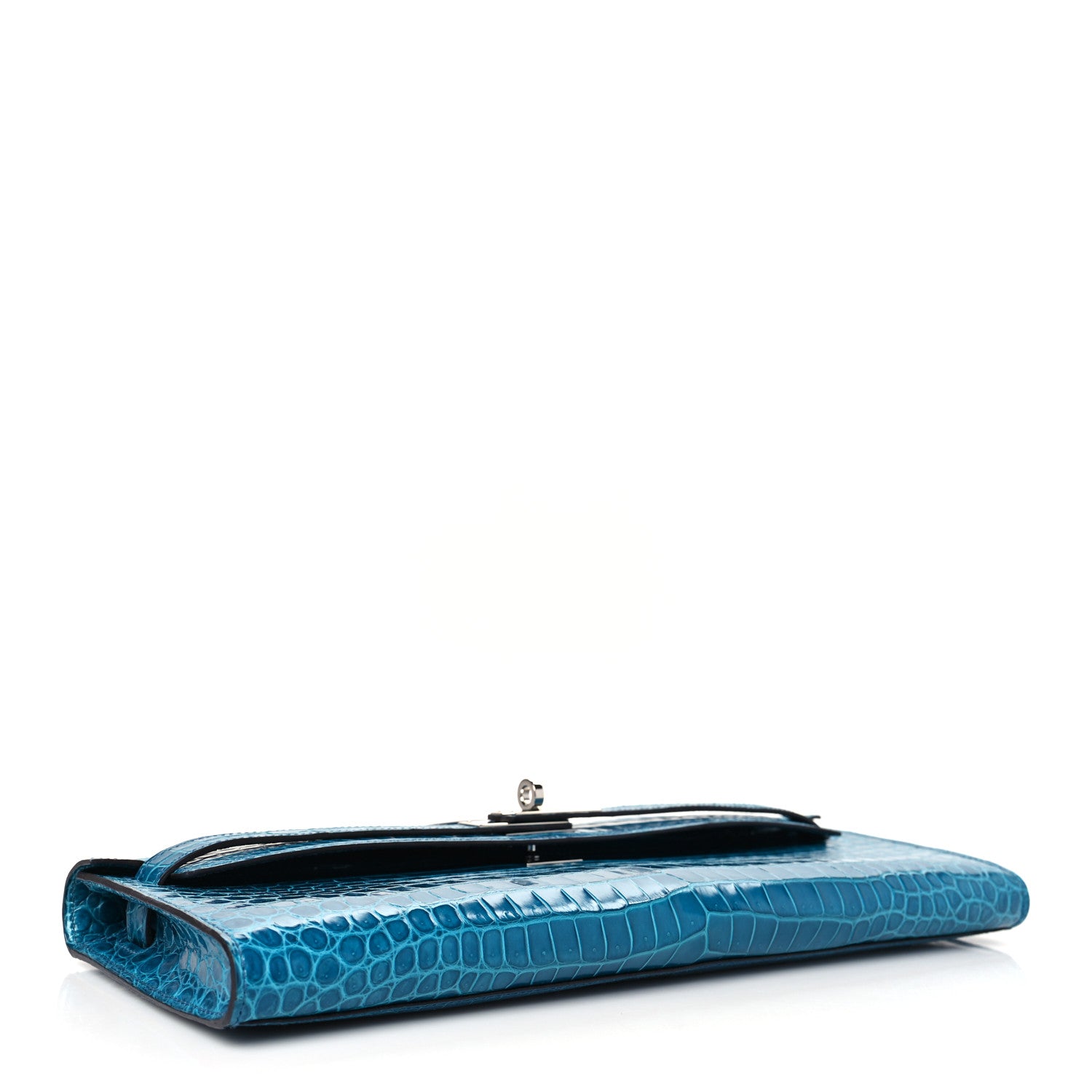 Hermes Shiny Porosus Crocodile Kelly Cut Pochette Bleu Izmir 4 of 11
