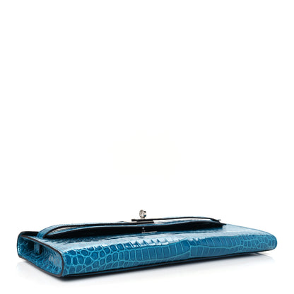 Hermes Shiny Porosus Crocodile Kelly Cut Pochette Bleu Izmir 4 of 11