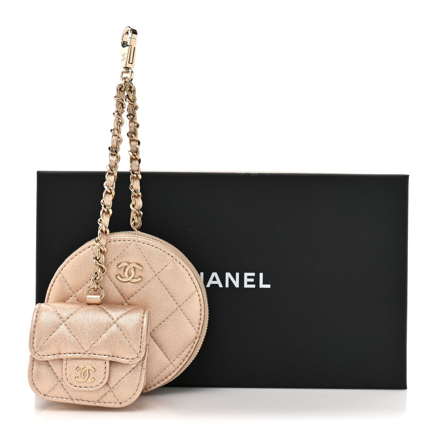 Metallic Lambskin Quilted Round Clip On Coin Purse Airpods Case Gold