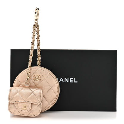 Chanel Metallic Lambskin Quilted Round Clip On Coin Purse Airpods Case Gold 10 of 10