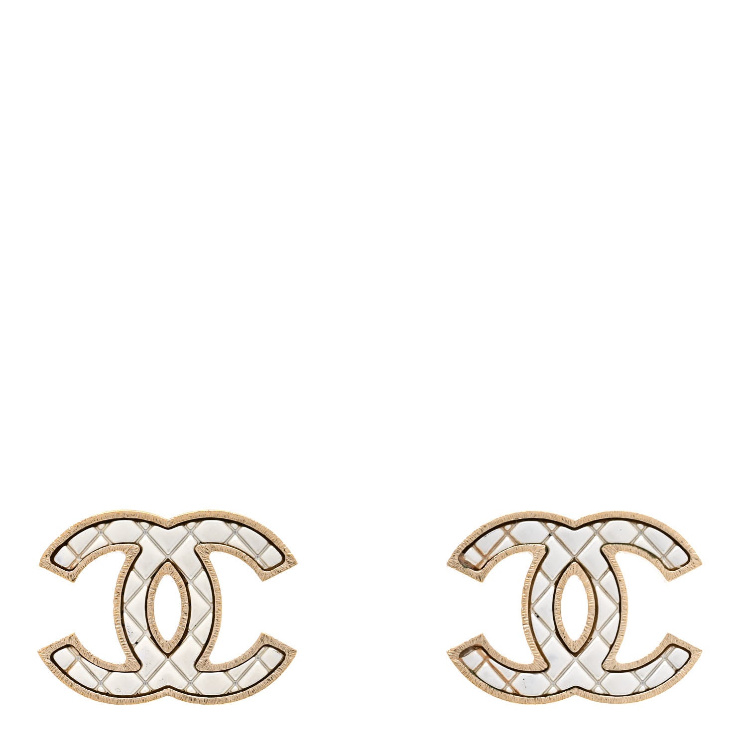Chanel Metal Quilted CC Earrings Gold White 1 of 5