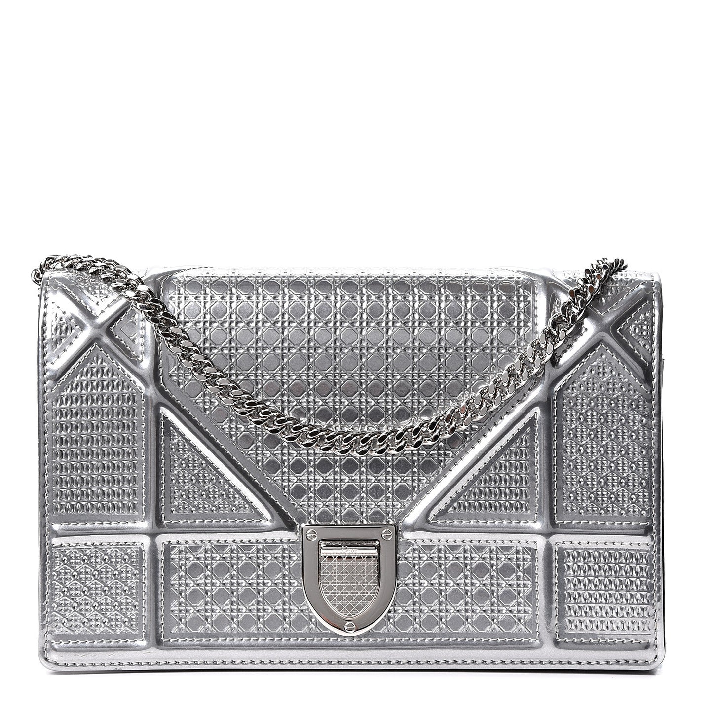 Metallic Patent Micro-Cannage Diorama Wallet on Chain Pouch Silver