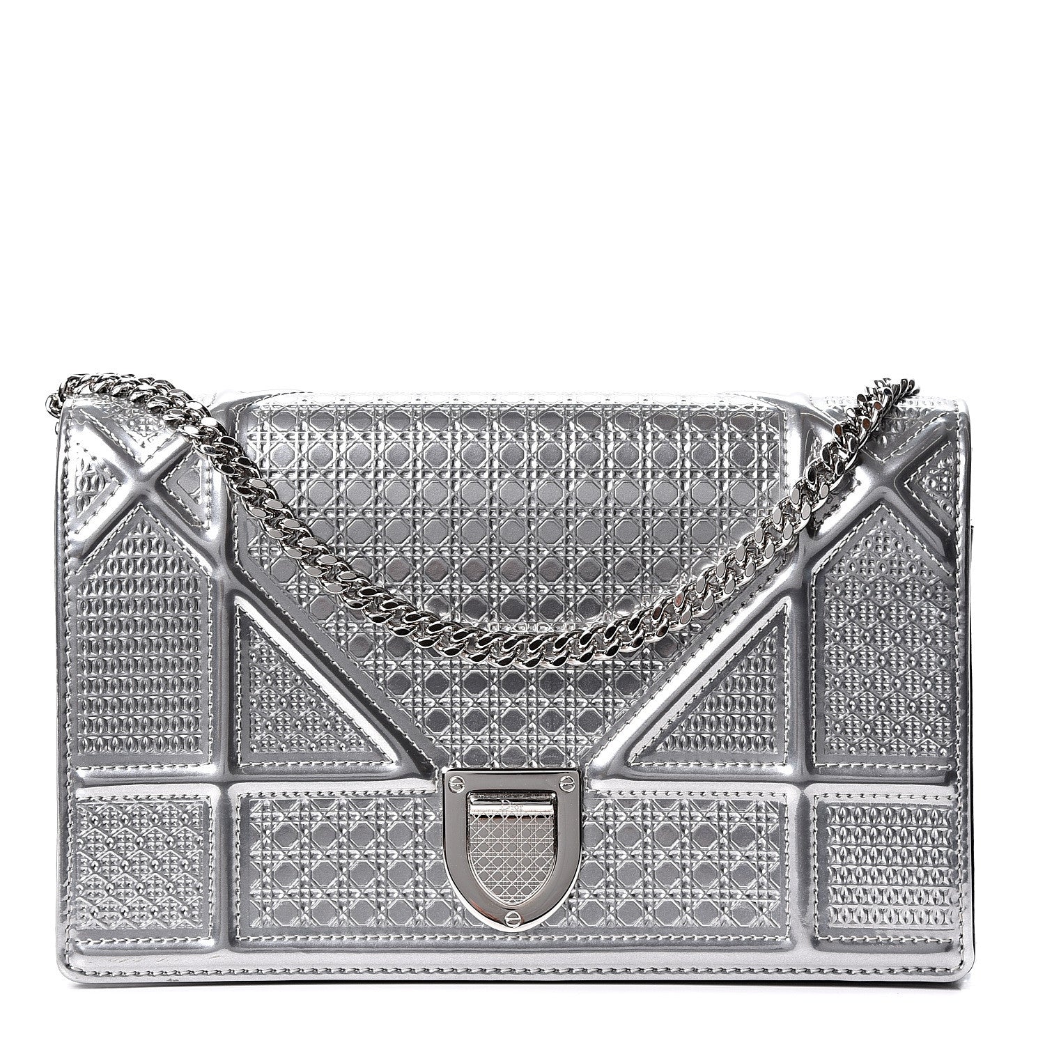 Christian Dior Metallic Patent Micro-Cannage Diorama Wallet on Chain Pouch Silver 1 of 8