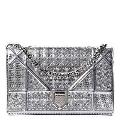 Christian Dior Metallic Patent Micro-Cannage Diorama Wallet on Chain Pouch Silver 1 of 8