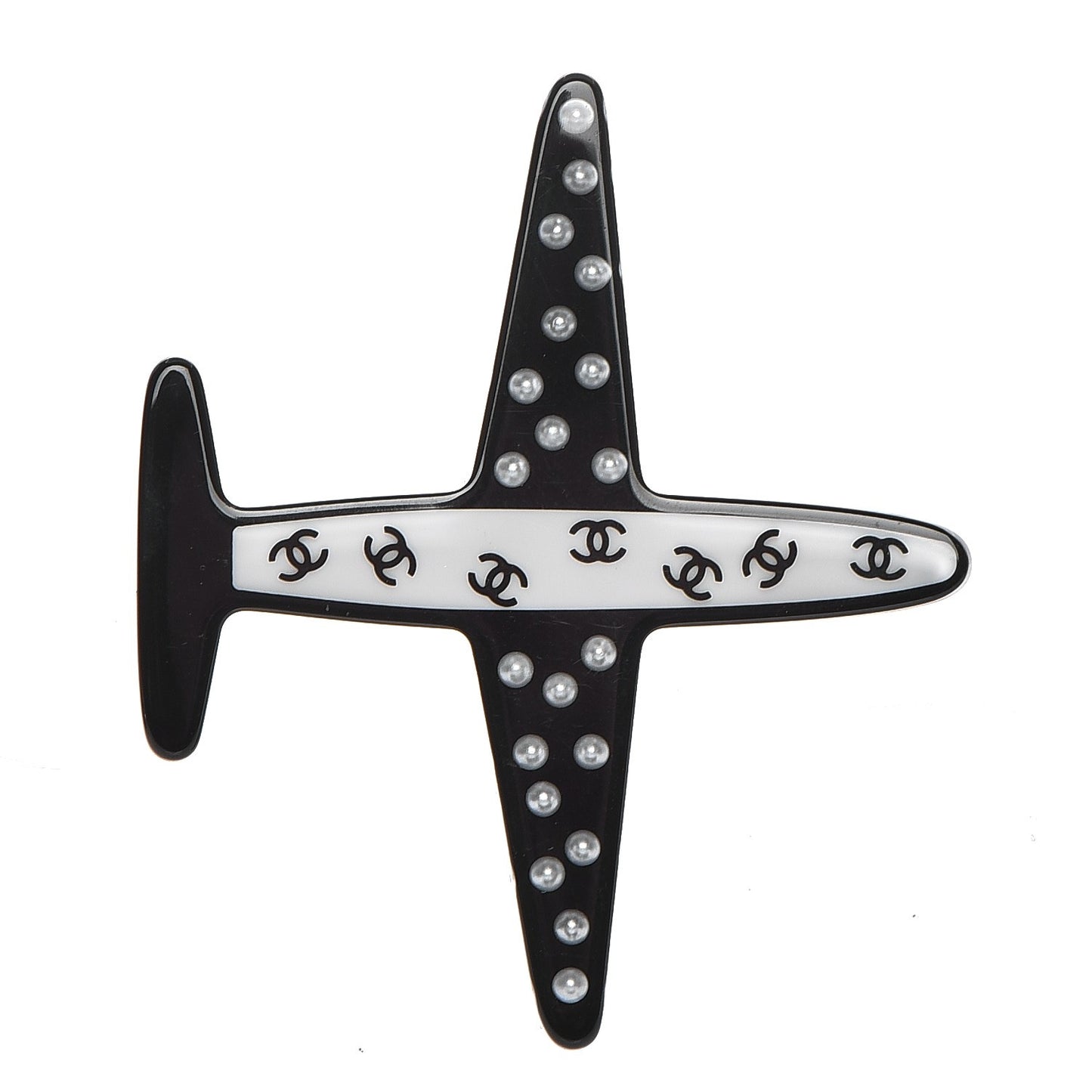 Resin Pearl CC Airplane Brooch Black White