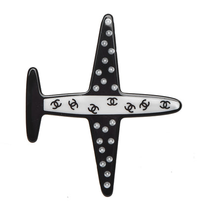 Chanel Resin Pearl CC Airplane Brooch Black White 1 of 6
