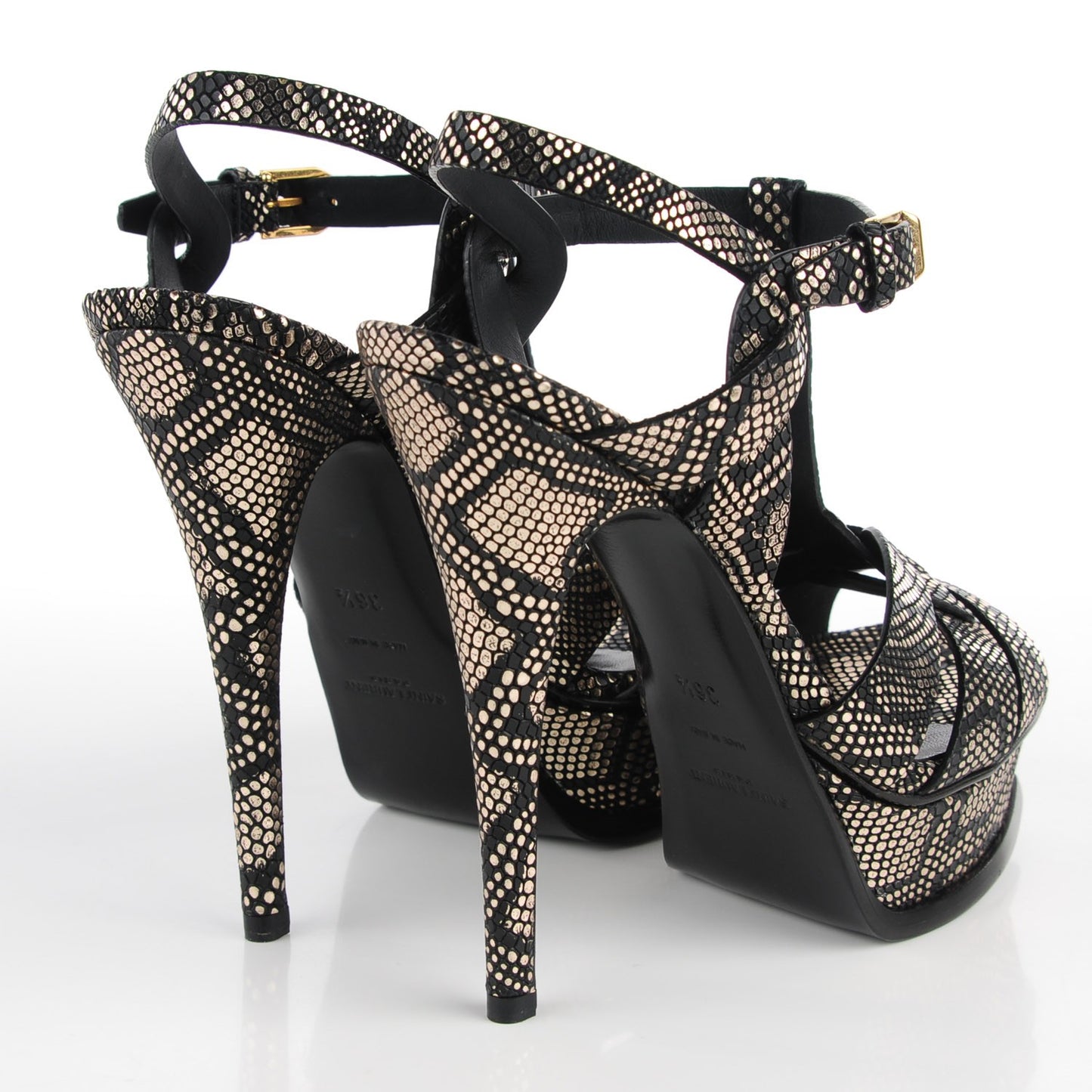 Python Calfskin Embossed Classic Tribute 105 Platform Sandals 36.5 Black Gold