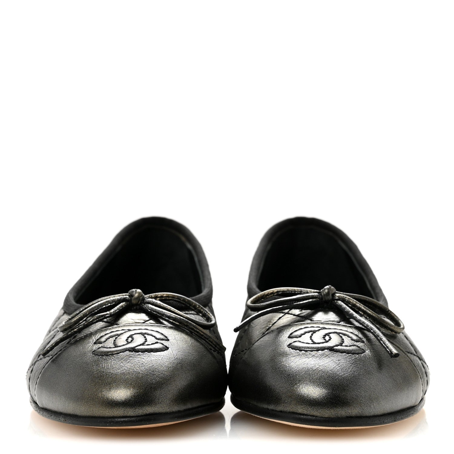 Chanel Metallic Aged Calfskin Quilted CC Cap Toe Ballerina Flats 36 Dark Silver 3 of 10