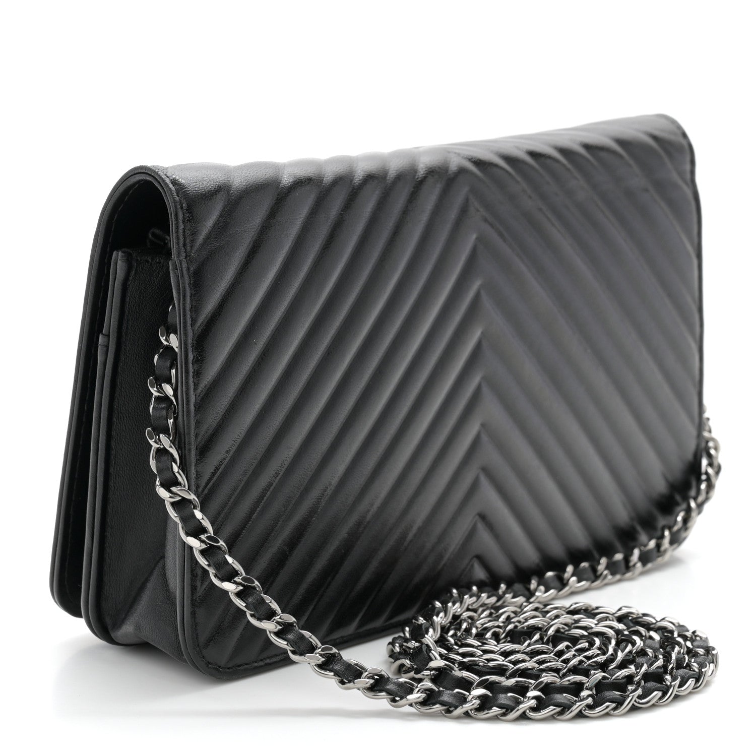 Chanel Lambskin Chevron Quilted Wallet On Chain WOC Black 3 of 12