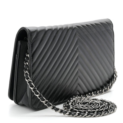 Chanel Lambskin Chevron Quilted Wallet On Chain WOC Black 3 of 12