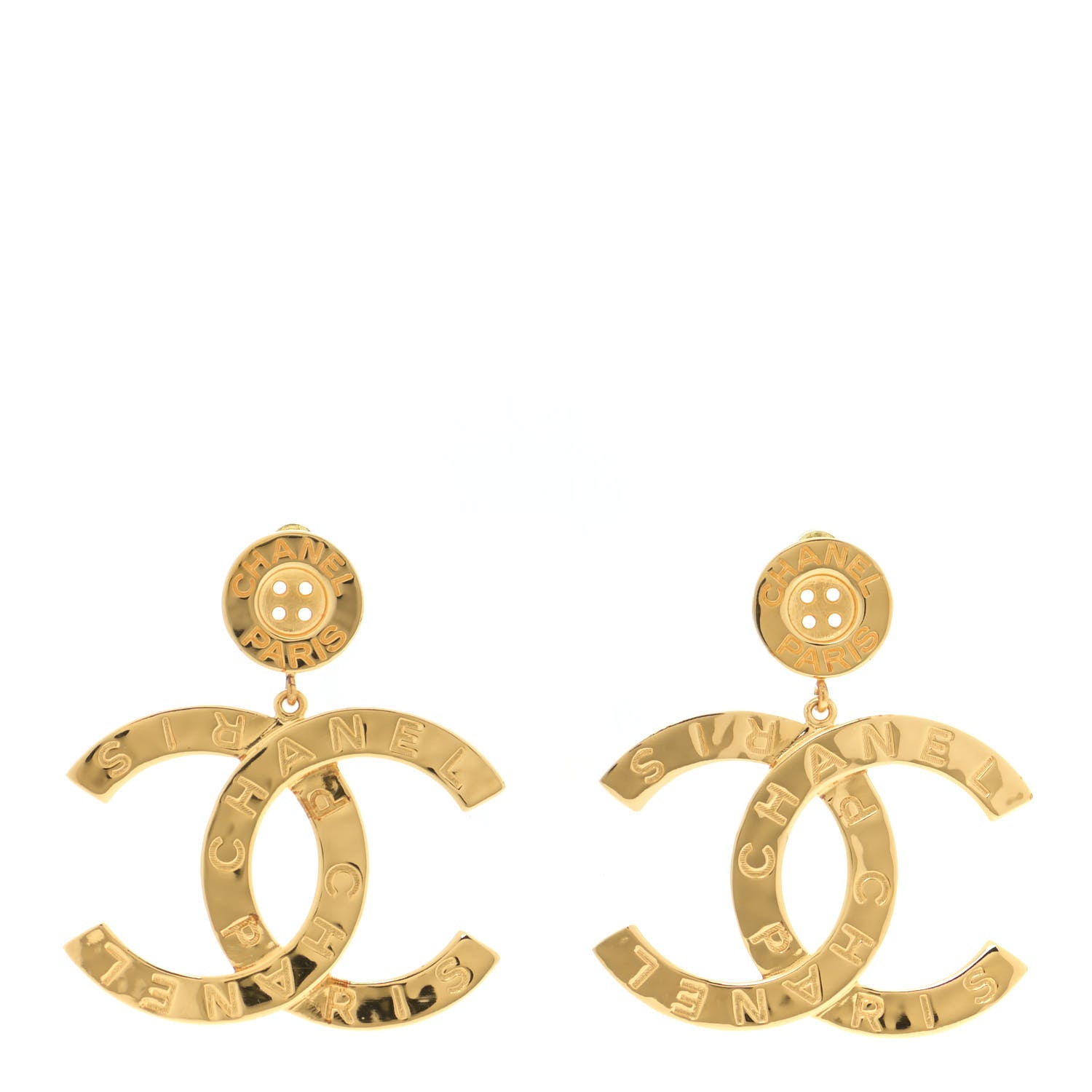 Chanel Metal Large Paris Button Earrings Gold 1 of 8