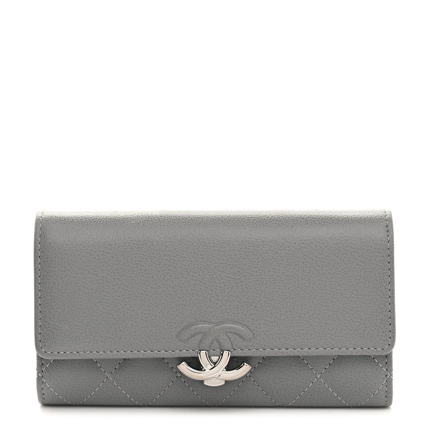 Grained Calfskin Quilted CC Box Flap Wallet Grey