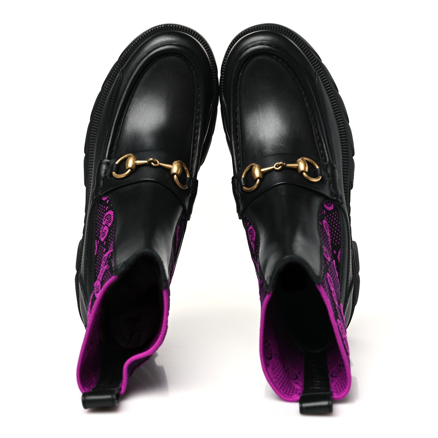 Gucci Quebec Calfskin Technical Jersey Knit GG Monogram Horsebit Ankle Boots 39 Black Fucsia 5 of 9