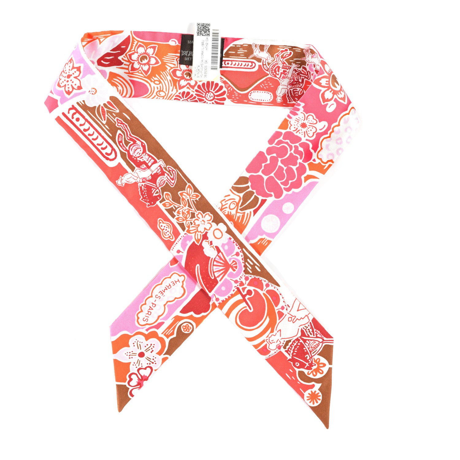 Hermes Silk Bingata Twilly Fuchsia Corail Brun 1 of 3