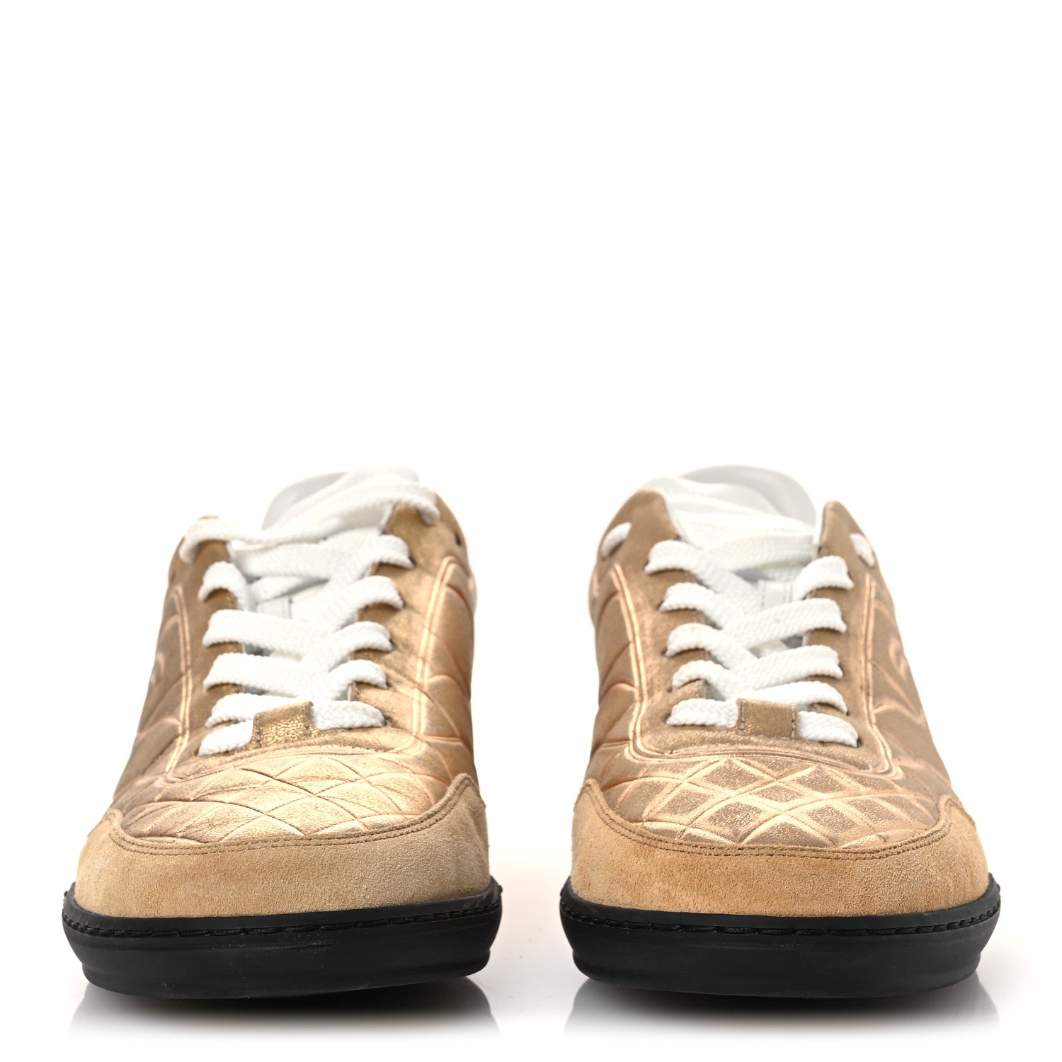 Chanel Laminated Calfskin Suede Quilted Womens CC Sneakers 39 Gold 3 of 11
