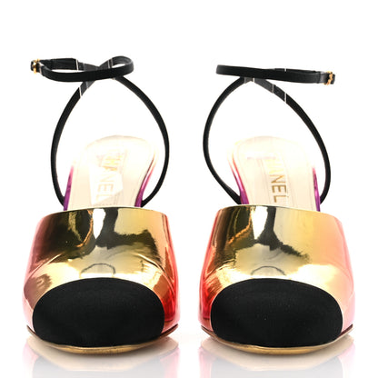 Chanel Laminated Calfskin Grosgrain Cap Toe CC Wedge Pumps 39 Pink Orange Yellow Black 3 of 13