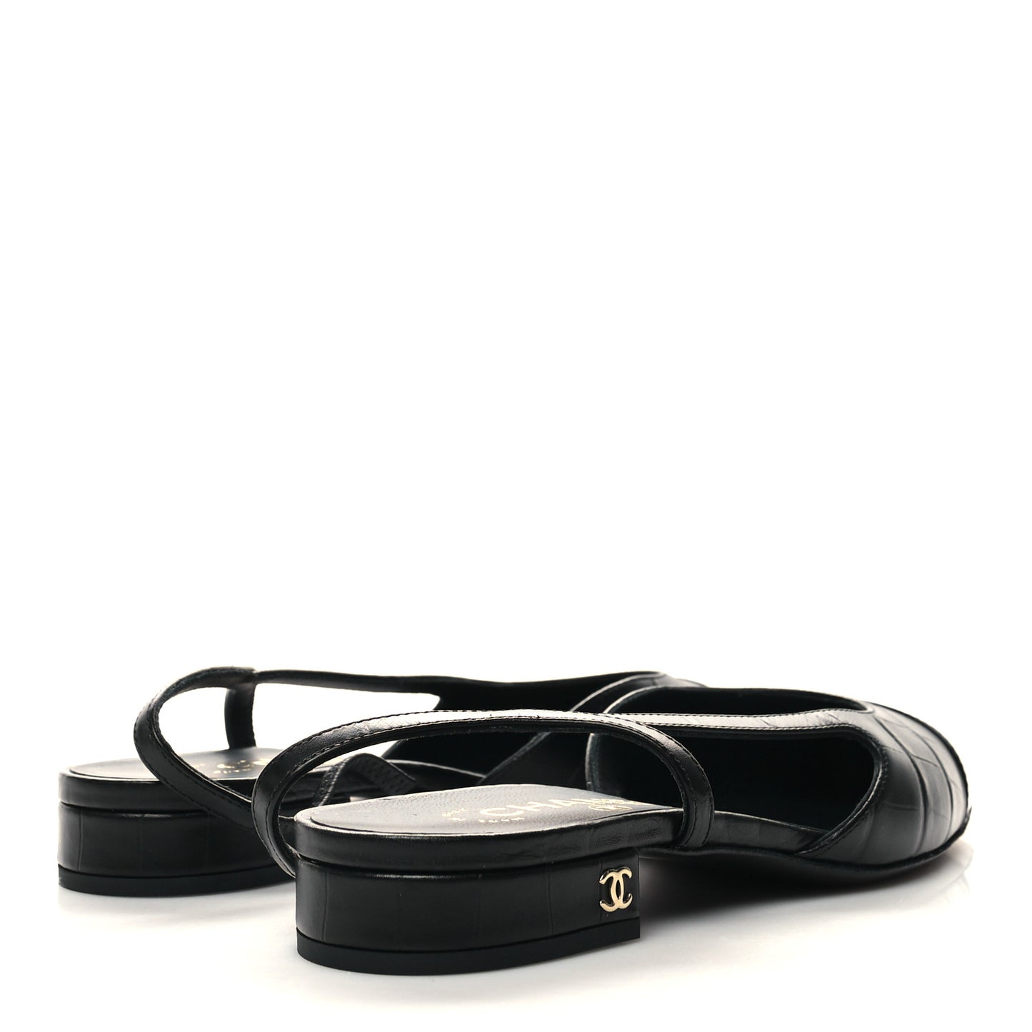 Calfskin Crocodile Embossed Patent Cap Toe CC Slingback Flats 38 Black