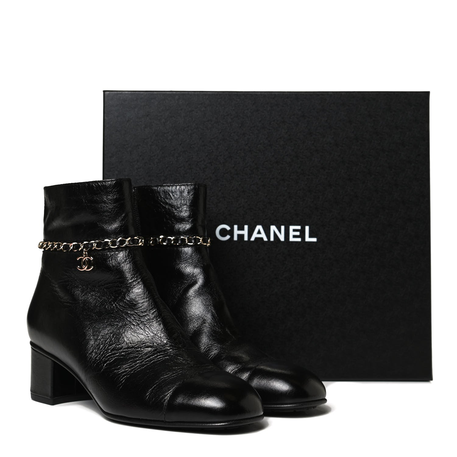 Chanel Crumpled Calfskin Cap Toe Chain Short Boots 39 Black 11 of 11