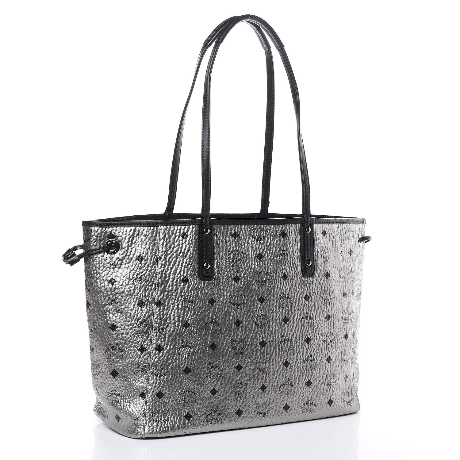 MCM Metallic Visetos Medium Reversible Shopper Tote Silver Black