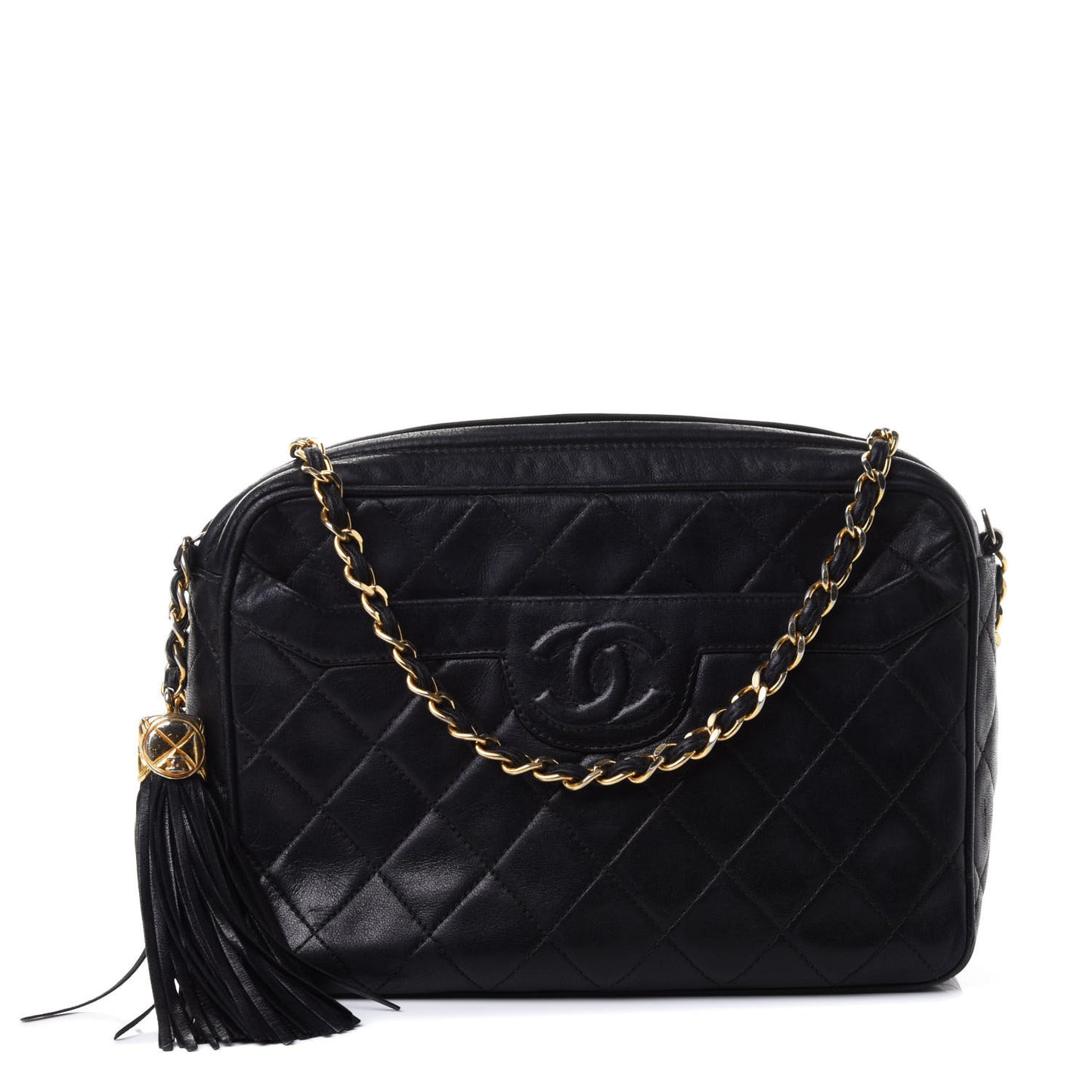 Lambskin Quilted CC Tassel Camera Case Black