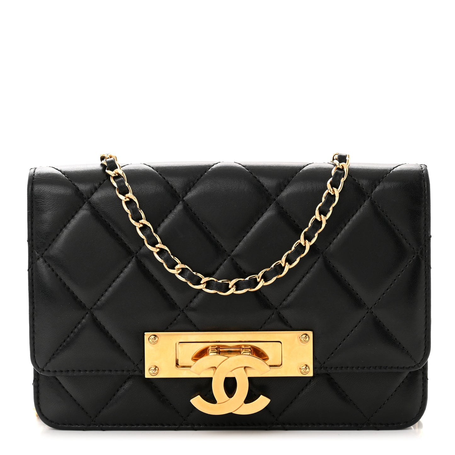 Lambskin Quilted Golden Class Wallet on Chain WOC Black