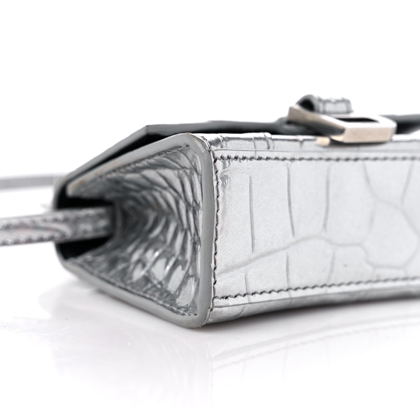 Metallic Calfskin Crocodile Embossed Hourglass Top Handle Bag Mini Silver
